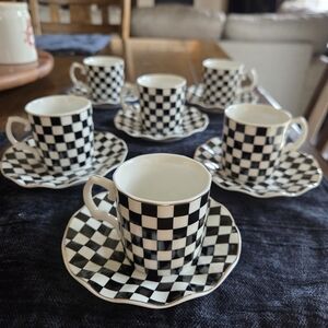 Checkered Black/White Bone China Espresso Cup/Saucer Set Of 6